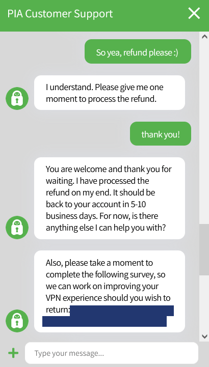 PIA Customer Support chat in het Engels voor het terugvragen van geld