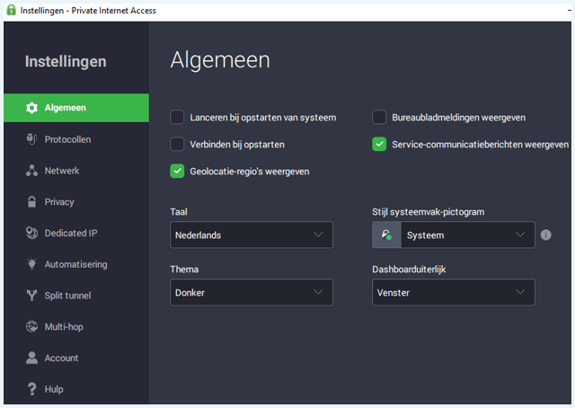 PIA instellingen algemeen