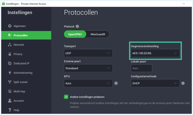PIA software instellingen waarbij de gegevensversleuteling is uitgelicht
