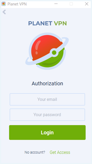 Planet VPN app inlogscherm