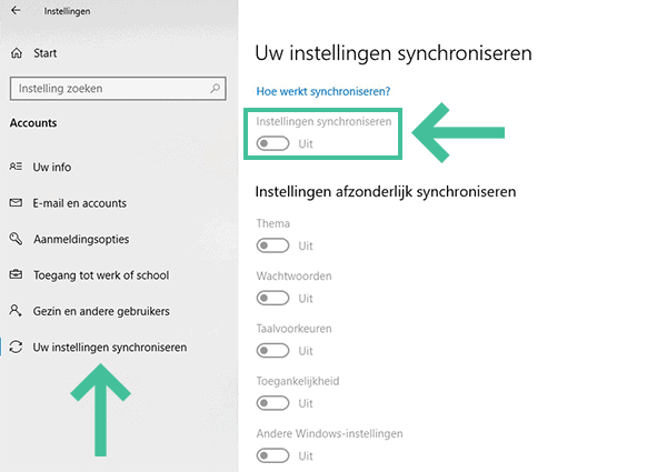 Synchronisatie Windows 10 uitzetten