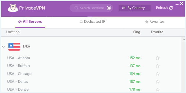 PrivateVPN Servers in app