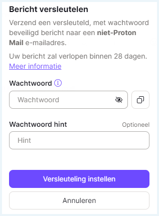 Formulier in Proton Mail om wachtwoord voor een e-mail in te stellen