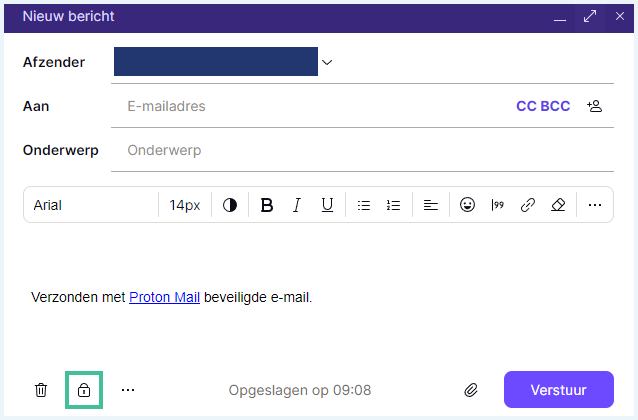 Nieuw bericht in Proton Mail waarbij het slotje is uitgelicht