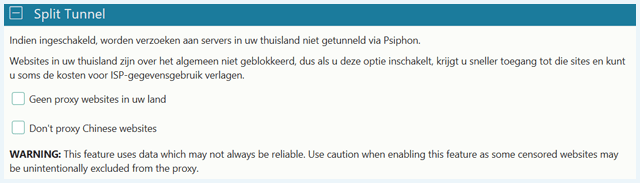 Psiphon VPN split tunnel optie