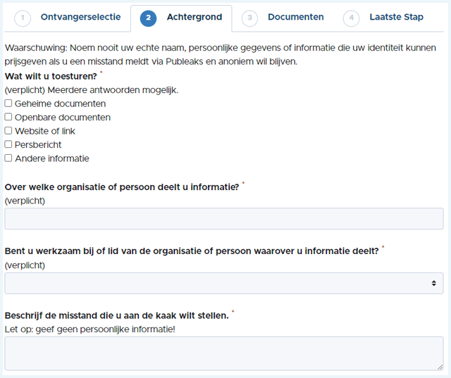 Achtergrond, stap 2 voor het doen van een melding op de Publeaks website