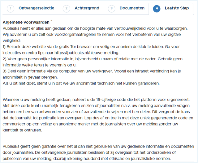 Algemene voorwaarden, stap 4 voor het doen van een melding op de Publeaks website