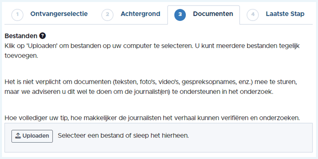 Documenten, stap 3 voor het doen van een melding op de Publeaks website