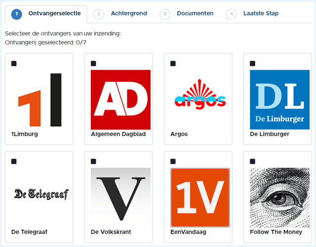 Ontvangerselectie, stap 1 voor het doen van een melding op de Publeaks website