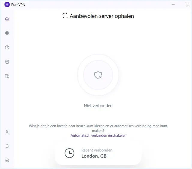 PureVPN app homescherm