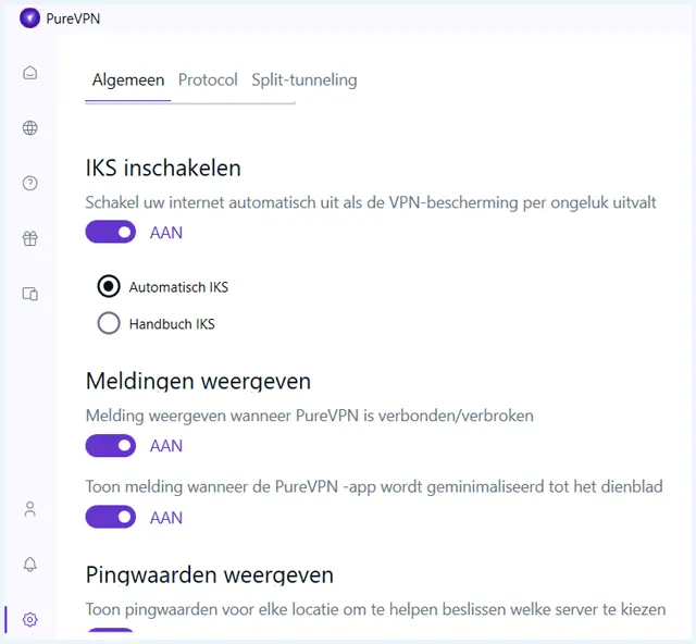PureVPN instellingen met betrekking tot de Internet Kill Switch (IKS)