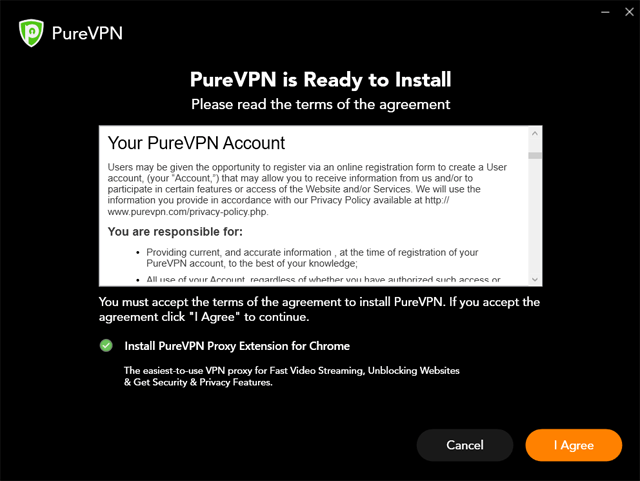PureVPN terms of agreement voordat je de software installeert