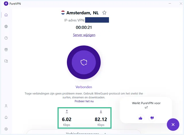 PureVPN verbonden met een server die hele lage snelheden haalt