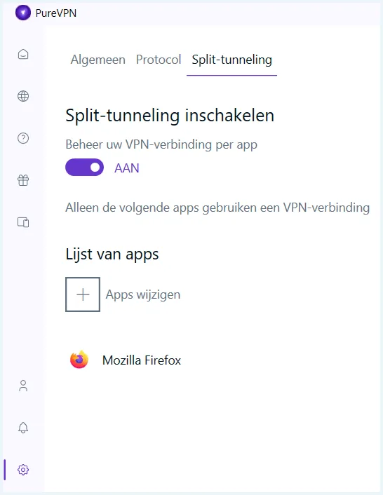 PureVPN Split-tunneling pagina in de app
