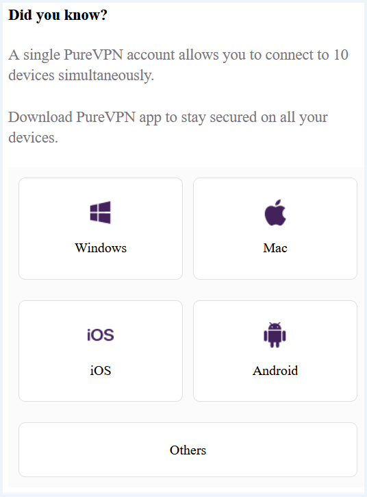 E-mail die je krijg van PureVPN waarbij je kunt kiezen voor welk besturingssysteem je de VPN wilt downloaden