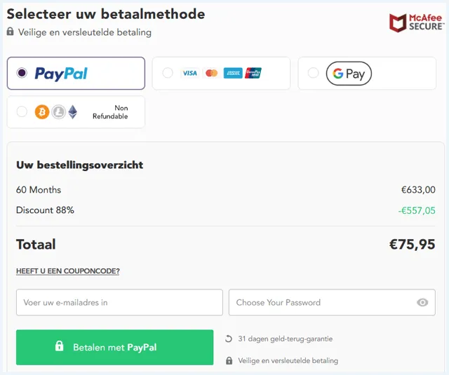 PureVPN afrekenpagina met betaalmethoden