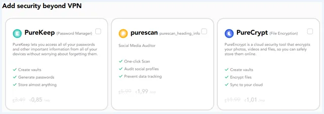PureVPN extra opties om toe te voegen bij aanschaf