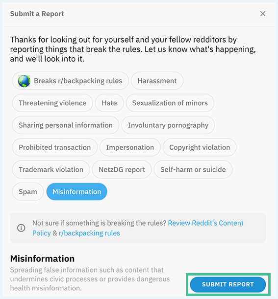Reddit Submit Report waarbij 
