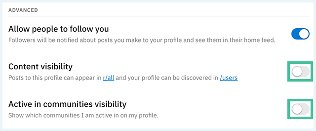 Reddit User Visibility Instellingen waarbij 