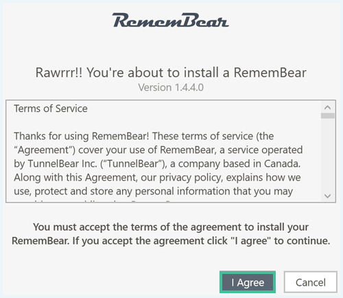 De stap in de installatiewizard van RememBear waar je de Terms of Service kunt lezen