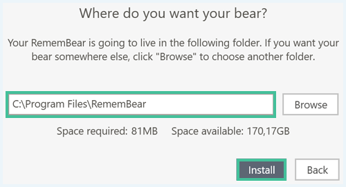 De stap in de installatiewizard van RememBear waar je de installatielocatie kunt aangeven