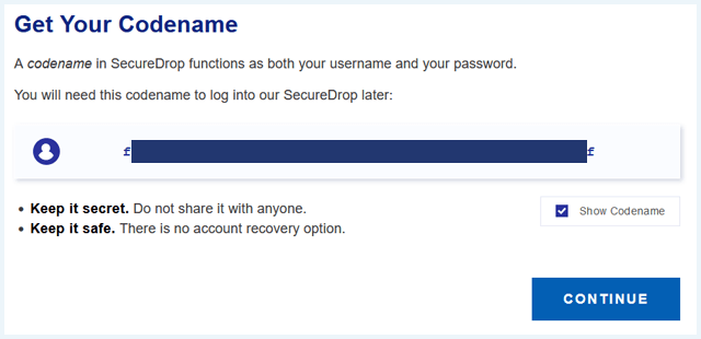 SecureDrop website waarbij een codename geblurred is