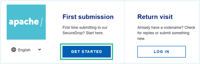 SecureDrop website waarbi de knop