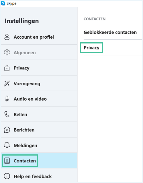 Skype instellingen-menu waarbij contacten en privacy zijn uitgelicht