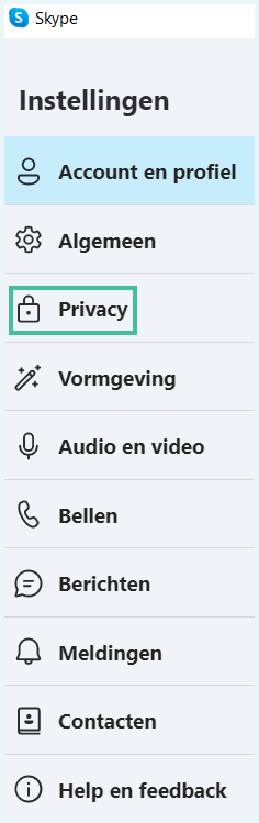 Skype instellingen-menu met Privacy uitgelicht