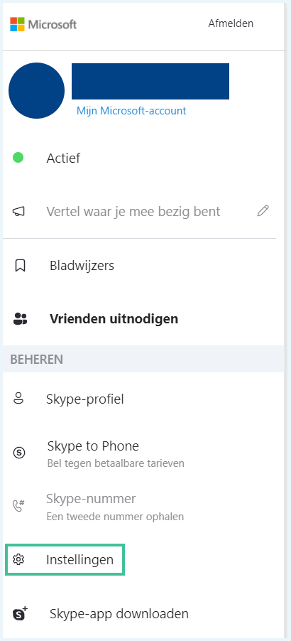 Skype profielscherm Instellingen