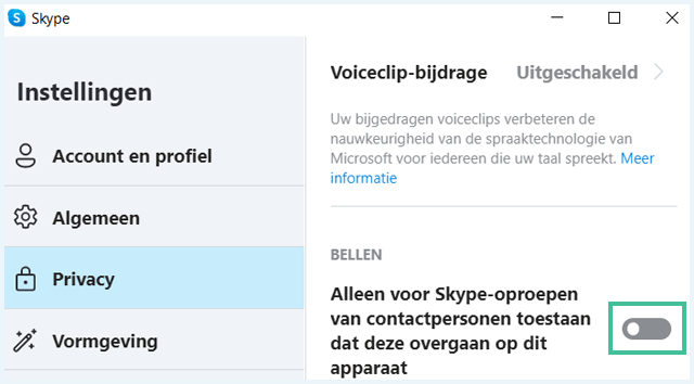 Skype privacy-menu waarbij instellingen voor bellen zijn uitgelicht