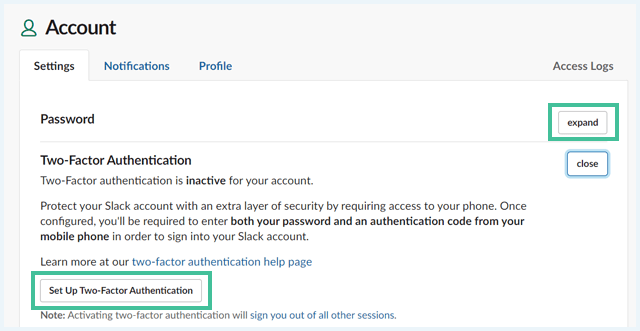 Slack account pagina voor het opzetten van tweefactorauthenticatie