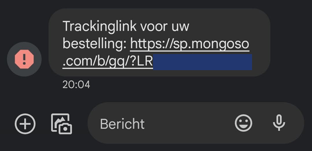 Voorbeeld van een SMS-bericht met een malafide link waarbij de link is afgeschermd