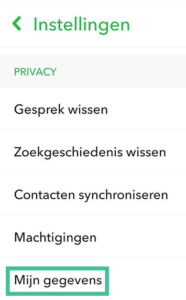 Screenshot van het scherm 'Instellingen' in Snapchat
