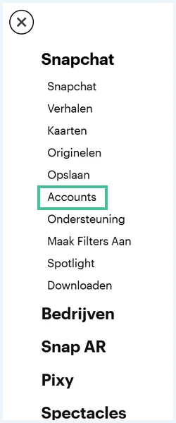 Snapchat website menu met de optie 