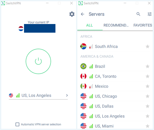 SwitchVPN software homescherm en servers