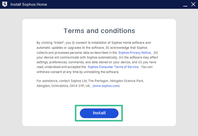 Sophos Home Antivirus Installatiescherm