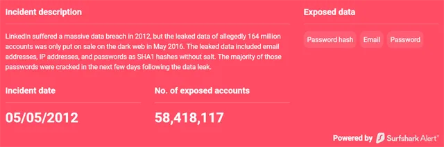 Surfshark Alert rapport van een LinkedIn breach