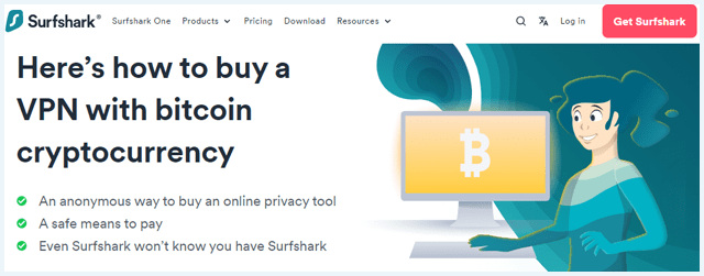 Surfshark website met informatie over hoe je een VPN kunt kopen met Bitcoin