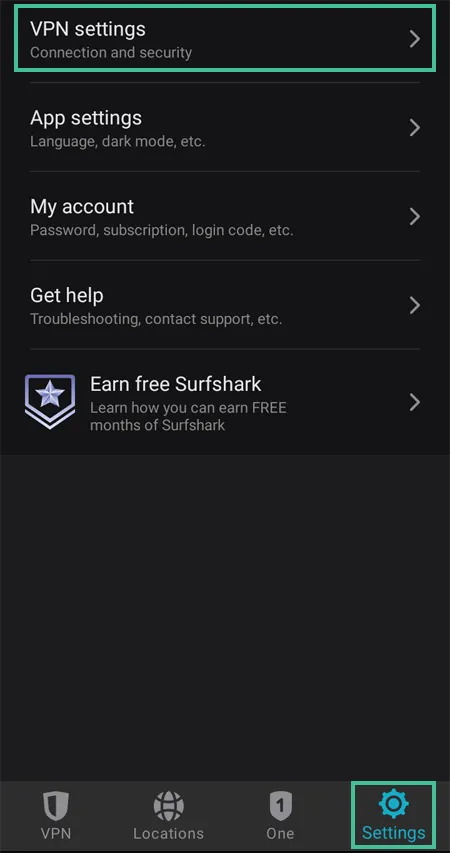 Surfshark app waarbij 'VPN settings' is uitgelicht
