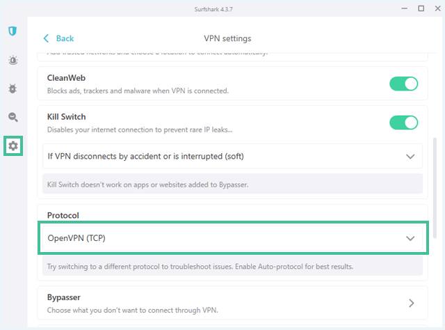 Surfshark VPN settings waarbij het protocol is uitgelicht