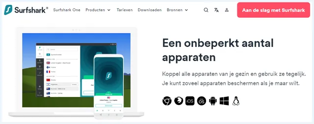 Paragraaf op de Surfshark website over het aantal apparaten dat wordt ondersteund