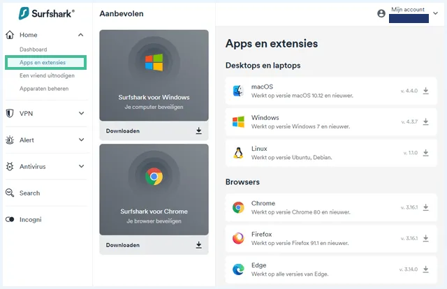 Surfshark accountpagina met de ondersteunde apps en extensies om te downloaden