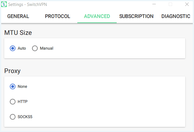 SwitchVPN Advanced menu in de software