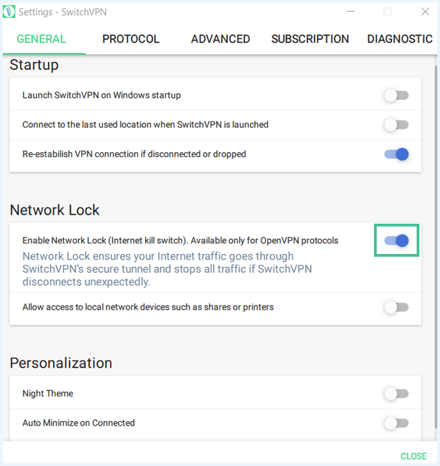 SwitchVPN General menu in de software