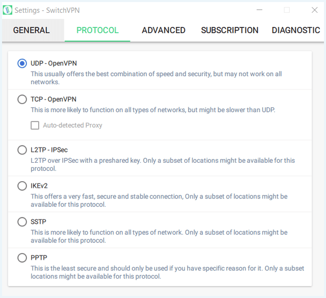 SwitchVPN software mogelijke VPN-protocollen