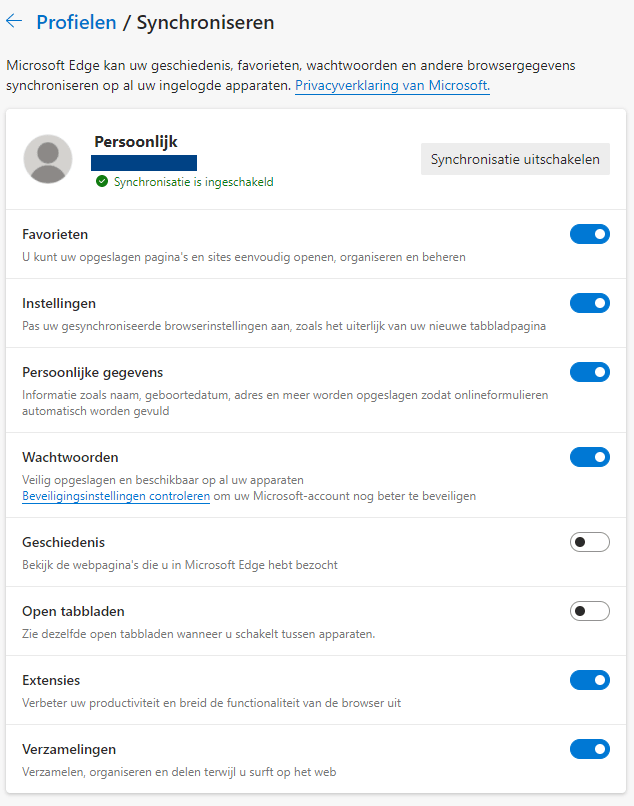Screenshot Synchronisatie Microsoft Edge Account