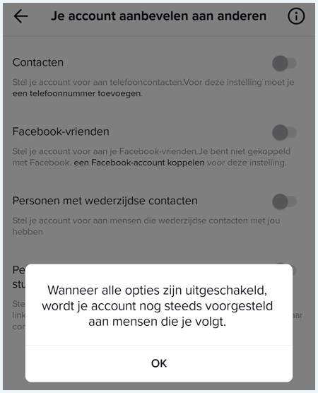 TikTok melding over dat je account voorgesteld kan worden aan anderen