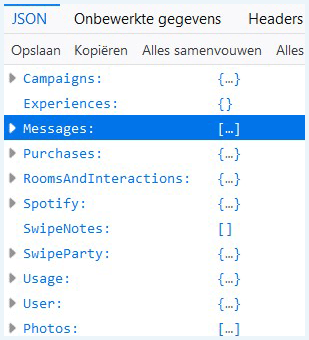 Tinder JSON file die je kunt downloaden als je je gegevens opvraagt