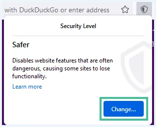 Tor browser Security Level melding schildje met